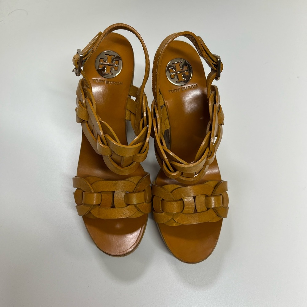 Tory Burch Calyca Wedges Leather Heeled Sandals Size 9 Braided Heels - Picture 10 of 11